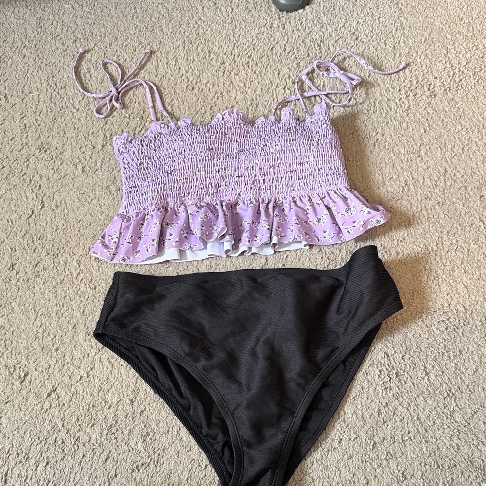 Lilac Smocked Ruffle Bikini Top with Black High-Waist Bottoms